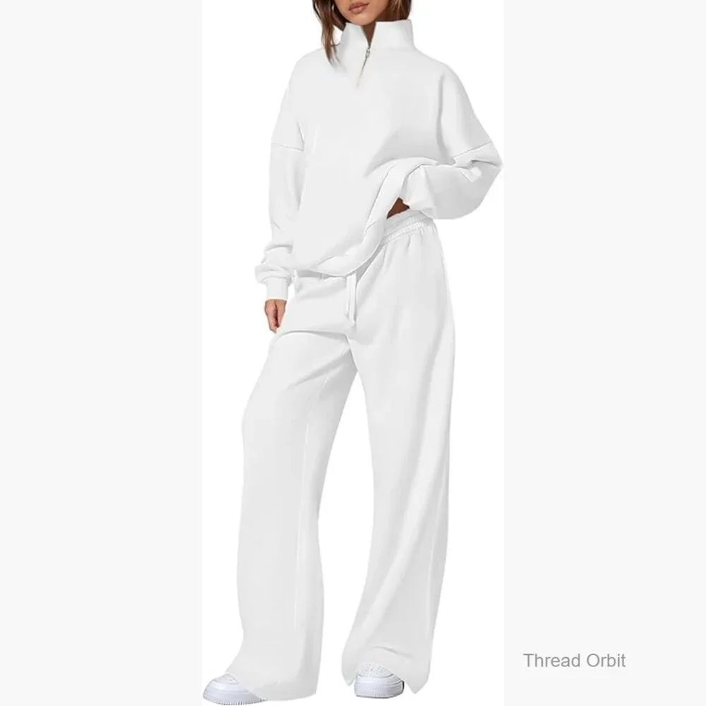 Loose Fit Quarter Zip Sweatshirt and Straight Leg Pants Set - Picture 1 of 7